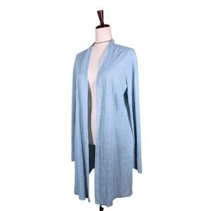 Eileen Fisher Linen Cardigan Size L Open Duster Light Blue Long Flowy Coastal